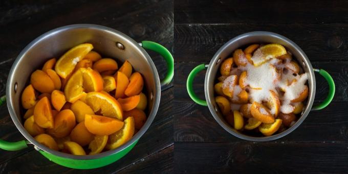 Jam de abricots et oranges: fruits, verser le sucre