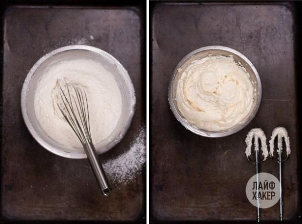 Pour faire des biscuits fourrés au chocolat à la fondant, mélanger le mélange de farine dans un bol et le beurre dans l'autre.