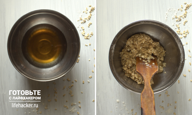 Barres de nectarine caillé: Mélanger le beurre et le miel et ajouter le gruau, la farine et le bicarbonate de soude