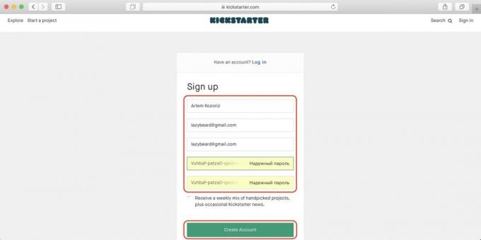 Comment acheter sur Kickstarter: entrez un nom, e-mail et mot de passe, puis cliquez sur le bouton vert