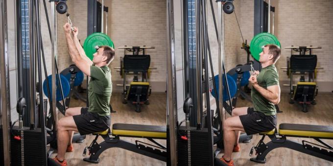 Circuit d'entraînement dans le gymnase: traction du bloc supérieur à la poitrine