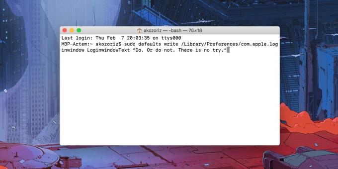 Messages sur l'écran Mac Lock: copier la commande suivante, en remplaçant le texte dans votre
