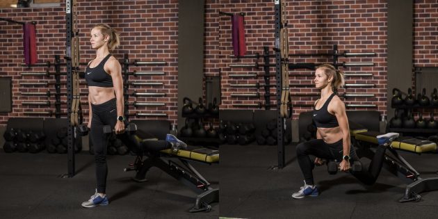 Exercice pour les personnes âgées: split-squats avec haltères