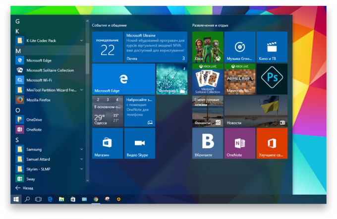 programme dans Windows 10: Menu