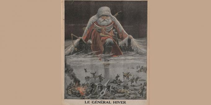 Histoire de l 'Empire russe: «Le général Winter avance sur l' armée allemande», illustration de Louis Bomblay tirée du Petit Journal, janvier 1916. 