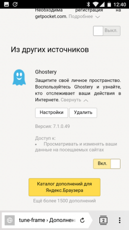 Yandex. Options addon du navigateur