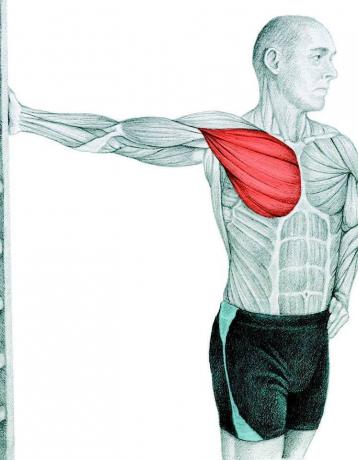 Anatomie d'étirement: l'étirement des muscles de la poitrine dans le mur