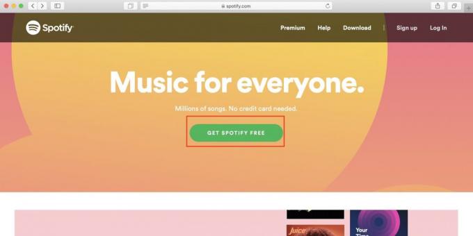 Comment utiliser Spotify en Russie: voir le site Spotify et cliquez sur le bouton Get Spotify gratuitement