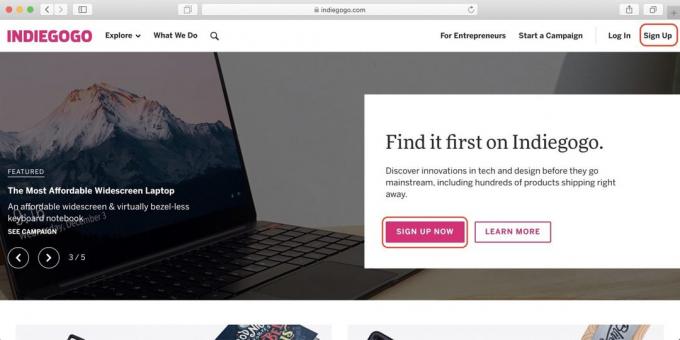 Comment acheter Indiegogo: ouvrir la page de service principal et cliquez sur le lien Inscrivez-vous