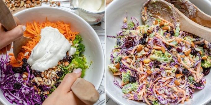 Recette pour le brocoli salade, amandes, canneberges et citron yaourt vinaigrette