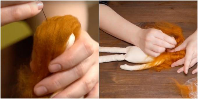 DIY poupée Tilda: attacher les cheveux