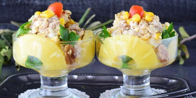 recette de salade simple aux noix, ananas et poulet