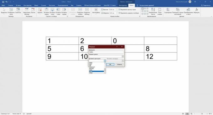 Insérer des formules dans Word: sélectionnez l'opérateur souhaité