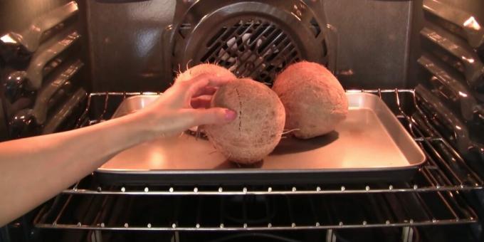 Comment ouvrir une noix de coco: mettre les fruits au four