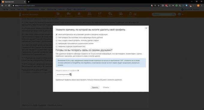 Comment supprimer un profil dans Odnoklassniki: cliquez sur Supprimer