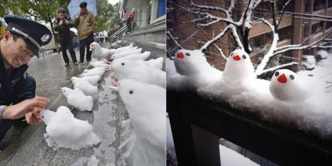 Neige formes avec leurs mains: oiseaux