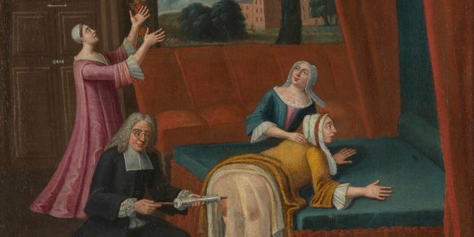 Médecine médiévale: un lavement dans une peinture française 1700 