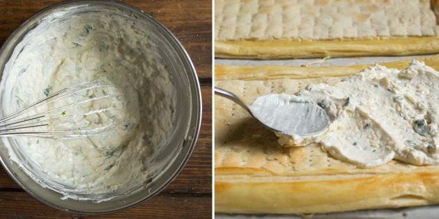 Tarte feta: faire de la crème au fromage et badigeonner la pâte
