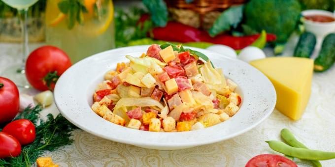 Salade de poulet, tomate, chou chinois, fromage et croûtons