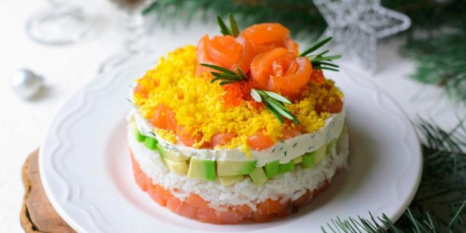 Salade étagée au poisson rouge et riz