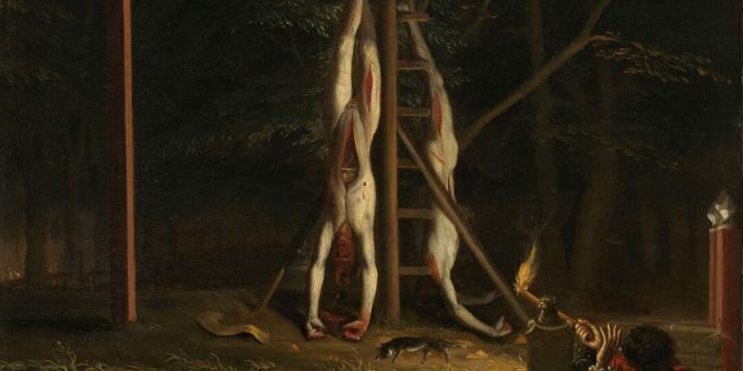 Les corps de Jan et Cornelis sur la potence. Peinture de Jan de Baen