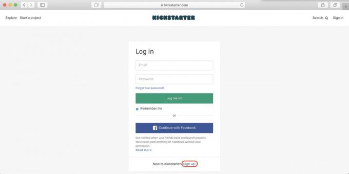 Comment acheter sur Kickstarter: cliquez sur Inscrivez-vous!