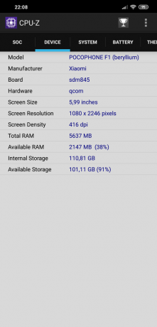 revue Xiaomi Pocophone F1: CPU-Z