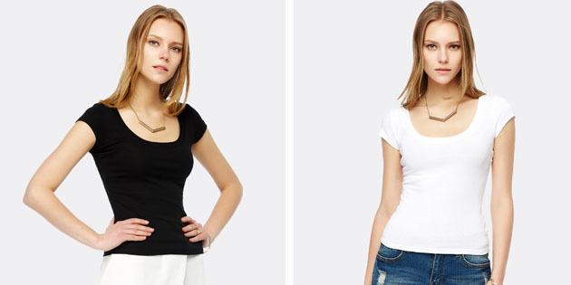 T-shirt des femmes de base des boutiques européennes: T-shirt simple avec un col en forme de U