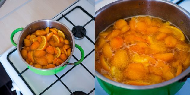 Confiture d'abricot et d'orange: mettez le pot sur le feu