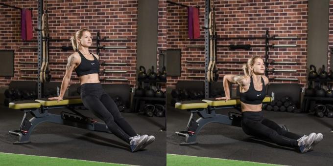 Le programme de formation pour les filles dans la salle de gym: push-ups inverse sur le banc