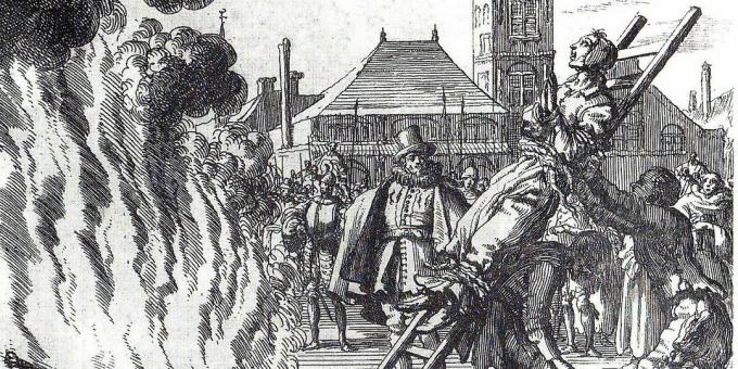 L'Inquisition au Moyen Âge: « L'incendie de l'anabaptiste hollandaise du XVIe siècle Anneken Hendrix, accusée d'hérésie », gravure de Jan Leuken