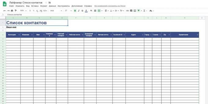 «Google Spreadsheets»: modèle « liste de contacts »