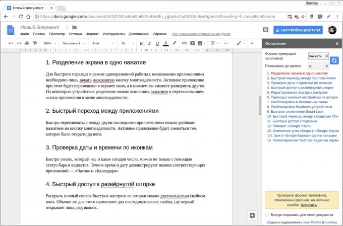 Google Docs add-ons: Table des matières