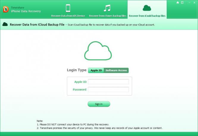 Tenorshare iPhone Récupération de données: l'authentification en utilisant compte iCloud